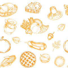 Hand drawn thanksgiving food seamless pattern with turkey, feather, berries, apples, pie, corn, eggplant, leaves, cornucopia