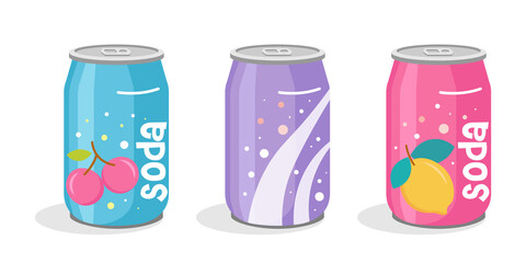 Colorful Soda Cans Collection. Hand drawn cute cartoon set of soft drinks in aluminum cans. Aluminium sea cans flash illustrations. Kawaii trendy design of cans with lemon, cherry and bubbles.