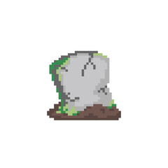 Fototapeta premium Pixel art cracked grave. Pixel mossy abandoned gravestone. Halloween decorative pixel art tomb. Vintage grave illustration. 8 bit tomb or grave retro game icon. 