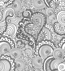Decorative abstract vector seamless pattern with curling lines and ornamental hearts