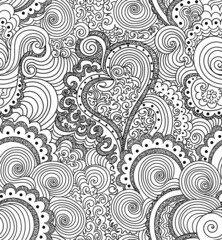 Decorative abstract vector seamless pattern with curling lines and ornamental hearts