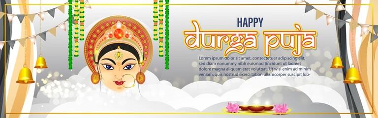 illustration of Goddess Durga Face in Happy Durga Puja Subh Navratri abstract background with text Durga puja means Durga Puja