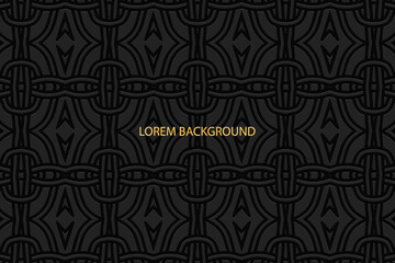 Geometric volumetric convex ethnic 3D pattern, cover design. Embossed black background, arabesque. Oriental, Indonesian, Asian motives, texture with artistic ornaments.