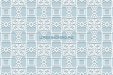 Geometric volumetric convex ethnic white 3D pattern, cover design. Embossed blue background, elegant arabesque. Cut paper effect. Oriental, Indonesian, Asian motives, lace texture.