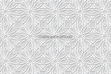 Geometric volumetric convex ethnic 3D pattern, cover design. Embossed white background, graceful arabesque. Cut paper effect. Oriental, Indonesian, Asian motives, lace texture.