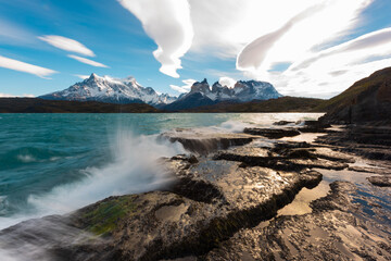 Chile's natural scenery, world-famous mountain peaks, travel in Torres del Paine National Park, Chile, South America. Autumn theme.