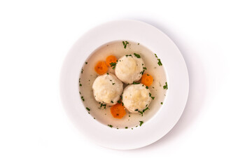 Traditional Jewish matzah ball soup isolated on white background	
