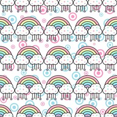 Pastel rainbows pattern background. Colorful Cute rainbows, stars, clouds pattern background. Seamless Vector illustration. Wrapping paper.