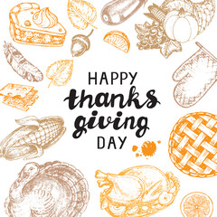 Template card with hand drawn sketch illustration for Thanksgiving day on a white background