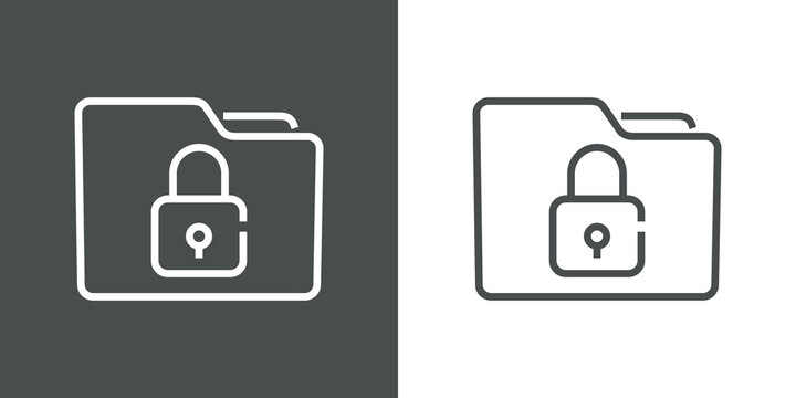 Icono almacenamiento de datos seguro. Silueta de carpeta con candado con lineas en fondo gris y fondo blanco