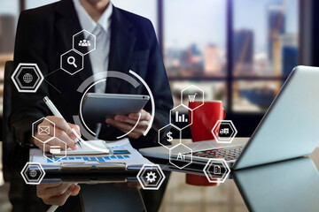 Businesswoman hand working marketing media with mobile phone and compute with VR icon .