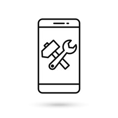 Mobile phone flat design with Crossed hammer and wrench spanner icon