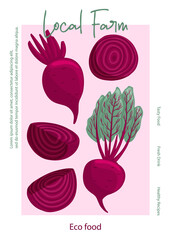 Veggie beetroot chips packaging design in cartoon style. Bright beet vegetables. Healthy organic beets with leaves.