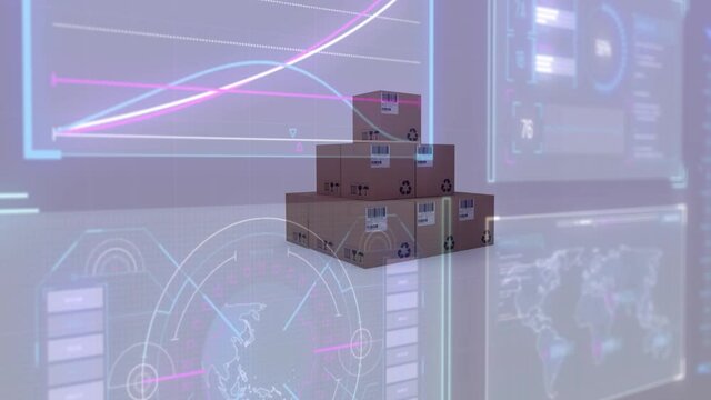Animation of data processing on screens over stack of cardboard boxes