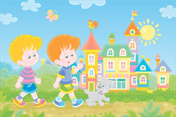 Obraz na płótnie Canvas Happy little boys friendly smiling, talking and walking with their merry pup along a pretty street of a small colorful town on a sunny summer day, vector cartoon illustration