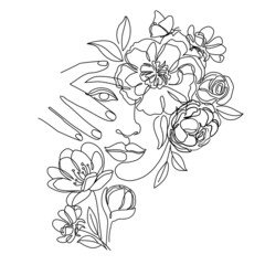 Portrait beautiful girl with flowers in one line. Vector illustration of a trendy minimalist style. Design, logo, natural cosmetics, feminine