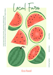 Local farm banner design. Fruit watermelon packaging concept. Fresh and ripe watermelon vector illustration.