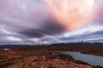 Mountain landscape, natural scenery of Chile. Popular travel destination in South America: Torres del Paine National Park. Amazing autumn.
