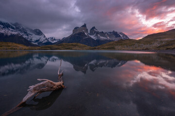 Chile's natural scenery, world-famous mountain peaks, travel in Torres del Paine National Park, Chile, South America. Autumn theme.