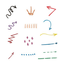 Arrows icons vector hand drawn editable set. Arrow sketch handmade doodle swipe up symbol sign isolated on white background.Set of watercolor arrows