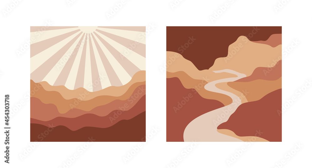 Aufkleber Vector square illustrations in simple line style - boho abstract print - simple natural landscape with mountains and hills