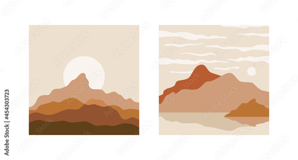 Poster Vector square illustrations in simple line style - boho abstract print - simple natural landscape with mountains and hills