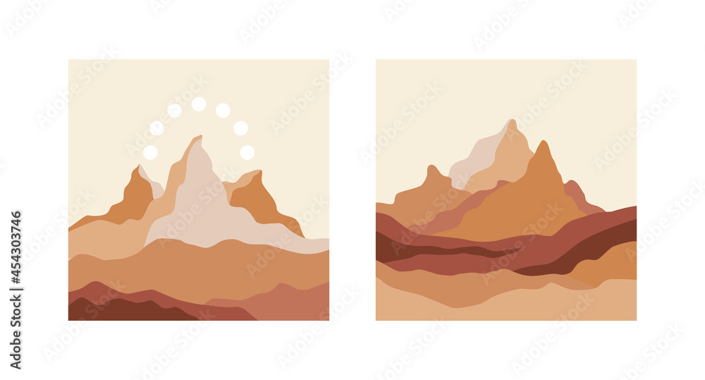 Aufkleber Vector square illustrations in simple line style - boho abstract print - simple natural landscape with mountains and hills