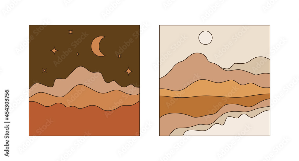 Aufkleber Vector square illustrations in simple line style - boho abstract print - simple natural landscape with mountains and hills