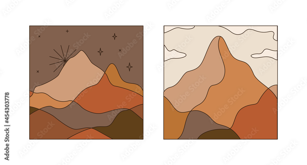 Aufkleber Vector square illustrations in simple line style - boho abstract print - simple natural landscape with mountains and hills