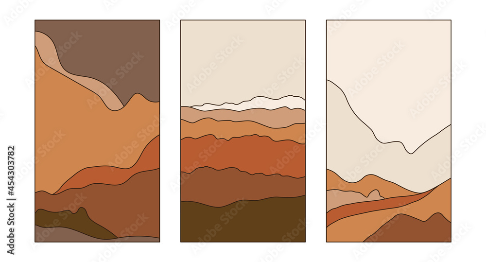 Aufkleber Vector vertical illustrations in simple line style - boho abstract print - simple natural landscape with mountains and hills