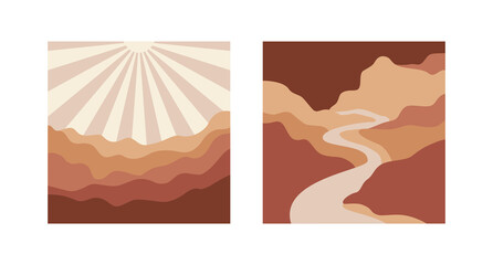 Vector square illustrations in simple line style - boho abstract print - simple natural landscape with mountains and hills
