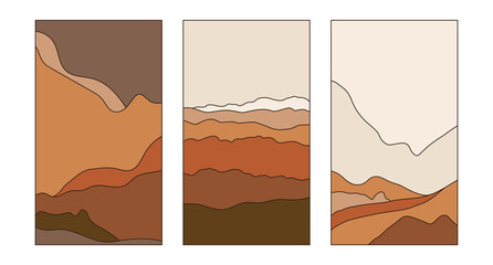 Vector vertical illustrations in simple line style - boho abstract print - simple natural landscape with mountains and hills