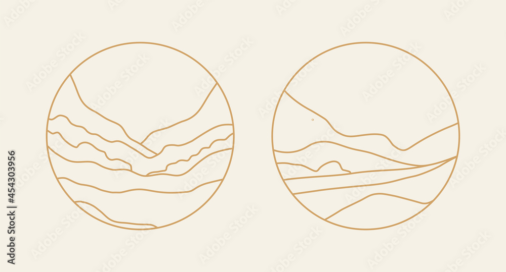 Poster Vector circular simple illustration in simple linear style - minimalist boho logo design templates - landscape with mountain, hill, and sun