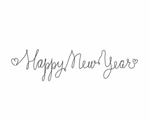 Continuous one line drawing of happy new year text icon in silhouette on a white background. Linear stylized.