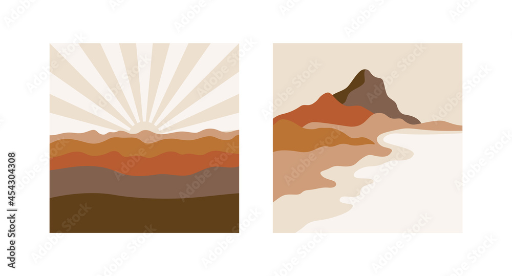 Aufkleber Vector square illustrations in simple line style - boho abstract print - simple natural landscape with mountains and hills