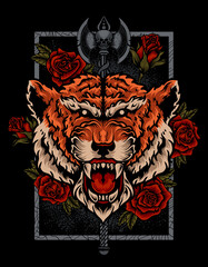 illustration tiger head with rose & ax weapon