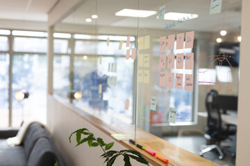 Interior of modern office with glass wall and memo notes
