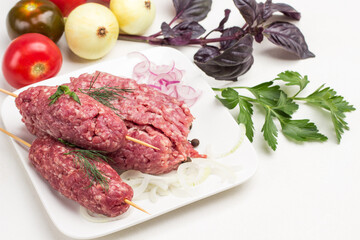 Raw minced meat on wooden skewers and chopped onion rings on white plate.