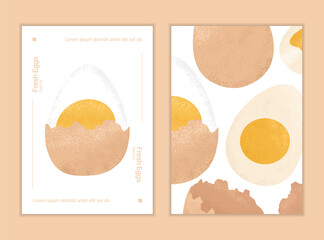 Boiled eggs, half and sliced vector hand drawn poster concept. Healthy organic food. Cooked tasty chicken eggs.