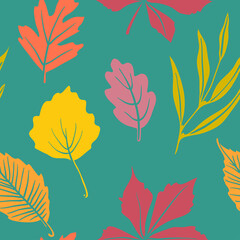 Fototapeta na wymiar Seamless pattern with autumn leaves, seeds and fruits. Colorful paper cut fall woods collection isolated on blue background. Doodle hand drawn vector illustration.