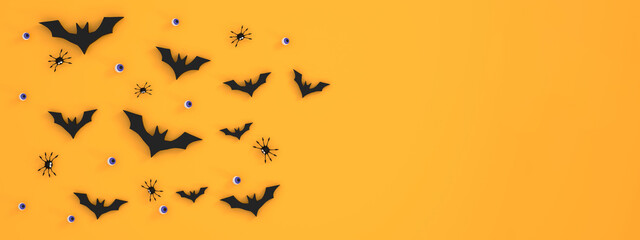 Banner Halloween festival background on orange background bats, eyeballs, spiders, ghost