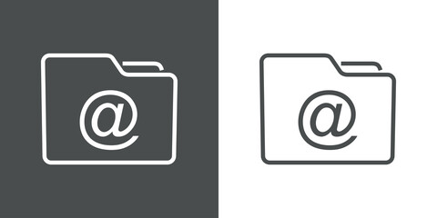 Icono correo electrónico. Silueta de carpeta con símbolo arroba con lineas en fondo gris y fondo blanco