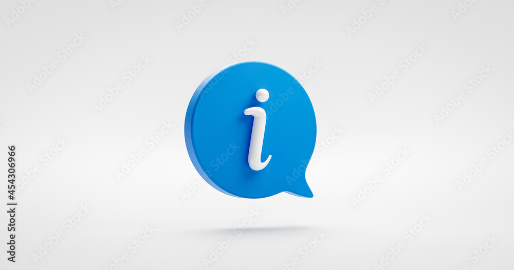 Fototapete Blue information icon sign or info illustration bubble symbol design and website internet button isolated on white background with communication business graphic element. 3D rendering.