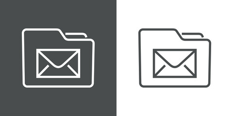 Icono bandeja de entrada de correo electrónico. Silueta de carpeta con carta con lineas en fondo gris y fondo blanco