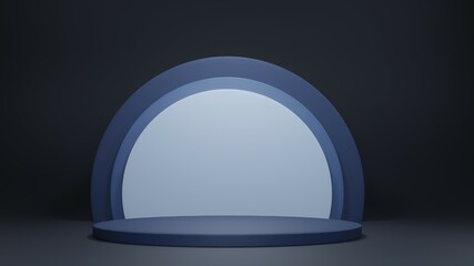 3D render of circle on pedestal in blue monochrome color, empty space for text or object