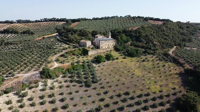 Cano santo convent in Olvera, Cadiz Spain. Old church in middle of landscape in Andalusia, Spain. Drone aerial view. 
