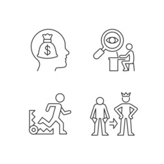 Extrinsic motivation linear icons set. Money reward booster. Desire to change self. Employee control. Customizable thin line contour symbols. Isolated vector outline illustrations. Editable stroke