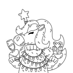 Merry Christmas and Happy new year unicorn with star glass of champagne, sweater present and light garland. Cute horse with horn and mane. Vector illustration for coloring book.