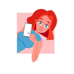 girl with  smartphone, cartoon style, can be used with any of your advertising slogan