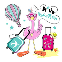 Cute summer stickers with flamingo, suitcases and travel items. Funny cartoon animals for t-shirt design, greeting card. Vacation concept